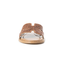 Load image into Gallery viewer, Myra Carmina Anne Tan Embossed Leather Slip-On Sandals for Women â€“ Western H-Cut Slides with Studded Trim