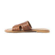 Load image into Gallery viewer, Myra Carmina Anne Tan Embossed Leather Slip-On Sandals for Women â€“ Western H-Cut Slides with Studded Trim