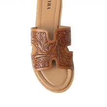 Load image into Gallery viewer, Myra Carmina Anne Tan Embossed Leather Slip-On Sandals for Women â€“ Western H-Cut Slides with Studded Trim