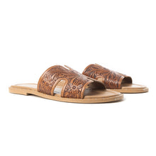 Load image into Gallery viewer, Myra Carmina Anne Tan Embossed Leather Slip-On Sandals for Women â€“ Western H-Cut Slides with Studded Trim