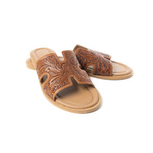 Load image into Gallery viewer, Myra Carmina Anne Tan Embossed Leather Slip-On Sandals for Women â€“ Western H-Cut Slides with Studded Trim
