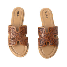 Load image into Gallery viewer, Myra Carmina Anne Tan Embossed Leather Slip-On Sandals for Women â€“ Western H-Cut Slides with Studded Trim