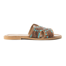 Load image into Gallery viewer, Myra Carmina Blue Embossed Leather Slip-On Sandals for Women â€“ Western H-Cut Slides with Studded Trim