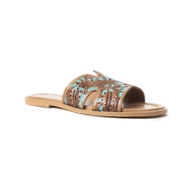 Load image into Gallery viewer, Myra Carmina Blue Embossed Leather Slip-On Sandals for Women â€“ Western H-Cut Slides with Studded Trim