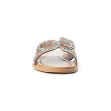 Load image into Gallery viewer, Myra Carmina Blue Embossed Leather Slip-On Sandals for Women â€“ Western H-Cut Slides with Studded Trim