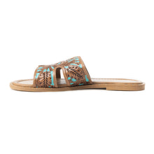 Load image into Gallery viewer, Myra Carmina Blue Embossed Leather Slip-On Sandals for Women â€“ Western H-Cut Slides with Studded Trim