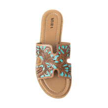 Load image into Gallery viewer, Myra Carmina Blue Embossed Leather Slip-On Sandals for Women â€“ Western H-Cut Slides with Studded Trim