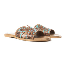 Load image into Gallery viewer, Myra Carmina Blue Embossed Leather Slip-On Sandals for Women â€“ Western H-Cut Slides with Studded Trim