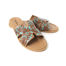 Load image into Gallery viewer, Myra Carmina Blue Embossed Leather Slip-On Sandals for Women â€“ Western H-Cut Slides with Studded Trim