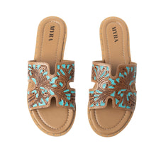 Load image into Gallery viewer, Myra Carmina Blue Embossed Leather Slip-On Sandals for Women â€“ Western H-Cut Slides with Studded Trim