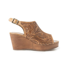 Load image into Gallery viewer, Myra Mila's Trail Embossed Leather Wedge Heels for Women Tan Floral Design, Adjustable Buckle, Comfortable Western Platform