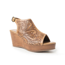 Load image into Gallery viewer, Myra Mila's Trail Embossed Leather Wedge Heels for Women Tan Floral Design, Adjustable Buckle, Comfortable Western Platform