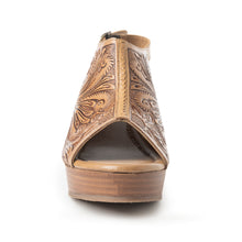 Load image into Gallery viewer, Myra Mila's Trail Embossed Leather Wedge Heels for Women Tan Floral Design, Adjustable Buckle, Comfortable Western Platform