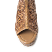 Load image into Gallery viewer, Myra Mila's Trail Embossed Leather Wedge Heels for Women Tan Floral Design, Adjustable Buckle, Comfortable Western Platform
