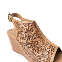 Load image into Gallery viewer, Myra Mila's Trail Embossed Leather Wedge Heels for Women Tan Floral Design, Adjustable Buckle, Comfortable Western Platform