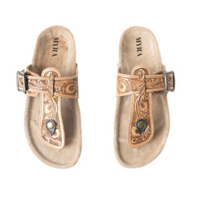 Load image into Gallery viewer, Myra Balinda Ridge Hand-Tooled Leather T-Strap Flats for Women - Western Embossed Sandals with Cushioned Sole for Daily Comfort