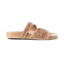 Load image into Gallery viewer, Myra Westward Wind Handtooled Leather Slide Sandals for Women â€“ Cross-Strap Design with Soft Cork Sole for Cushioned Western Comfort