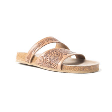 Load image into Gallery viewer, Myra Westward Wind Handtooled Leather Slide Sandals for Women â€“ Cross-Strap Design with Soft Cork Sole for Cushioned Western Comfort
