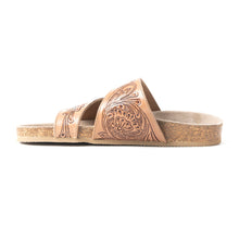 Load image into Gallery viewer, Myra Westward Wind Handtooled Leather Slide Sandals for Women â€“ Cross-Strap Design with Soft Cork Sole for Cushioned Western Comfort