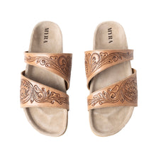 Load image into Gallery viewer, Myra Westward Wind Handtooled Leather Slide Sandals for Women â€“ Cross-Strap Design with Soft Cork Sole for Cushioned Western Comfort