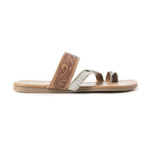 Load image into Gallery viewer, Myra LaDonna Trail Handtooled Sandals for Women â€“ Dark Brown Western Hairon Slip-Ons for Ranch Days &amp; Rodeo Nights