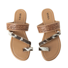 Load image into Gallery viewer, Myra LaDonna Trail Handtooled Sandals for Women â€“ Dark Brown Western Hairon Slip-Ons for Ranch Days &amp; Rodeo Nights