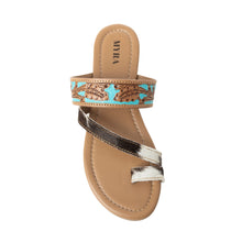 Load image into Gallery viewer, Myra LaDonna Trail Handtooled Sandals for Women â€“ Azure Western Hairon Slip-Ons for Ranch Days &amp; Rodeo Nights