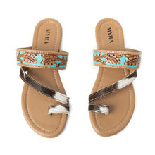 Load image into Gallery viewer, Myra LaDonna Trail Handtooled Sandals for Women â€“ Azure Western Hairon Slip-Ons for Ranch Days &amp; Rodeo Nights