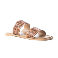 Load image into Gallery viewer, Myra Santa Fe Daisy Leather Sandals for Women - Handtooled Slides with Intricate Floral Design for Summer Comfort