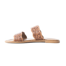 Load image into Gallery viewer, Myra Santa Fe Daisy Leather Sandals for Women - Handtooled Slides with Intricate Floral Design for Summer Comfort