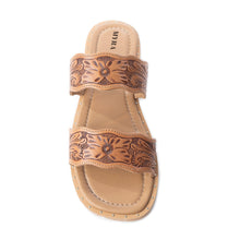 Load image into Gallery viewer, Myra Santa Fe Daisy Leather Sandals for Women - Handtooled Slides with Intricate Floral Design for Summer Comfort
