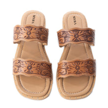 Load image into Gallery viewer, Myra Santa Fe Daisy Leather Sandals for Women - Handtooled Slides with Intricate Floral Design for Summer Comfort