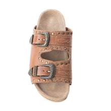 Load image into Gallery viewer, Myra Great Sonora Sunset Studded Leather Sandals for Women – Cork Sole, Antique Brass Dual Buckles for All-Day Comfort