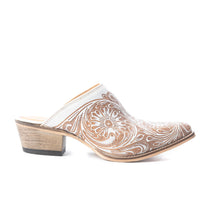 Load image into Gallery viewer, Myra Valeria White Leather Mules for Women - Handtooled Desert Bloom Pattern with Block Heels for Stylish Comfort