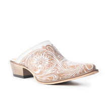 Load image into Gallery viewer, Myra Valeria White Leather Mules for Women - Handtooled Desert Bloom Pattern with Block Heels for Stylish Comfort