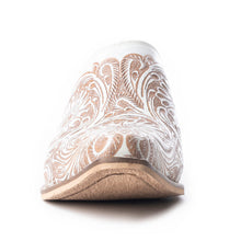 Load image into Gallery viewer, Myra Valeria White Leather Mules for Women - Handtooled Desert Bloom Pattern with Block Heels for Stylish Comfort