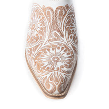 Load image into Gallery viewer, Myra Valeria White Leather Mules for Women - Handtooled Desert Bloom Pattern with Block Heels for Stylish Comfort