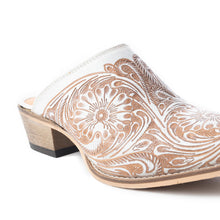 Load image into Gallery viewer, Myra Valeria White Leather Mules for Women - Handtooled Desert Bloom Pattern with Block Heels for Stylish Comfort