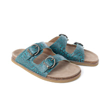 Load image into Gallery viewer, Myra Prairie Wind Embossed Leather Sandals in Western Jade
