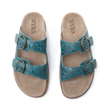 Load image into Gallery viewer, Myra Prairie Wind Embossed Leather Sandals in Western Jade