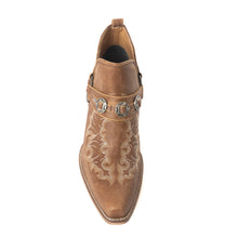 Load image into Gallery viewer, Myra Western Ember Ankle Booties for Women – Embroidered Leather with Buckled Straps, Pointed Toe &amp; Stacked Low Heel