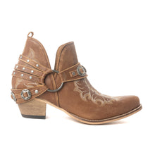 Load image into Gallery viewer, Myra Western Ember Ankle Booties for Women – Embroidered Leather with Buckled Straps, Pointed Toe &amp; Stacked Low Heel