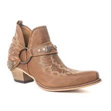 Load image into Gallery viewer, Myra Western Ember Ankle Booties for Women – Embroidered Leather with Buckled Straps, Pointed Toe &amp; Stacked Low Heel