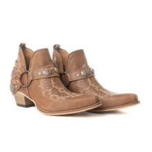 Load image into Gallery viewer, Myra Western Ember Ankle Booties for Women – Embroidered Leather with Buckled Straps, Pointed Toe &amp; Stacked Low Heel