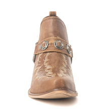 Load image into Gallery viewer, Myra Western Ember Ankle Booties for Women – Embroidered Leather with Buckled Straps, Pointed Toe &amp; Stacked Low Heel