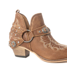 Load image into Gallery viewer, Myra Western Ember Ankle Booties for Women – Embroidered Leather with Buckled Straps, Pointed Toe &amp; Stacked Low Heel