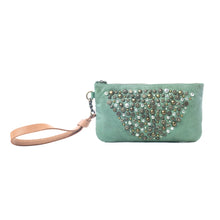 Load image into Gallery viewer, Myra Empire Green Studded Wash Leather Pouch in Desert Olive