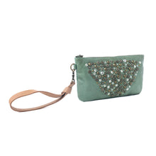 Load image into Gallery viewer, Myra Empire Green Studded Wash Leather Pouch in Desert Olive