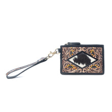 Load image into Gallery viewer, Myra Lone Eclipse Handtooled Hairon Leather Card Holder in Saddle Storm