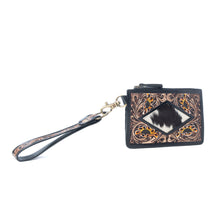 Load image into Gallery viewer, Myra Lone Eclipse Handtooled Hairon Leather Card Holder in Saddle Storm